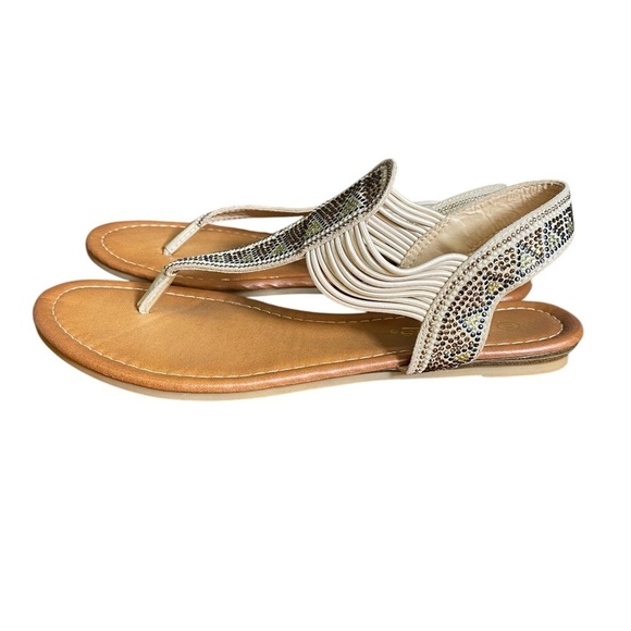 PALMS Rhinestone Flat Thong Sandals Women's sz 7M Cream and Tan T-Strap Sandals - Picture 1 of 8